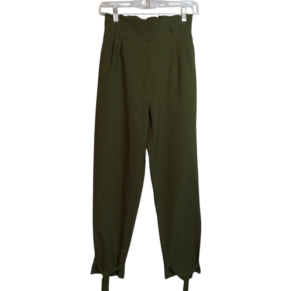 Grace Karin Olive Green High Waist Paper Bag Bow Tie Pencil Slacks Size Small